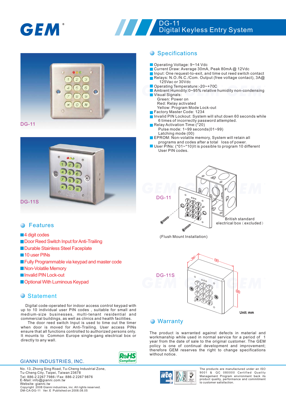Gianni Industries DG-11S User Manual | 1 page