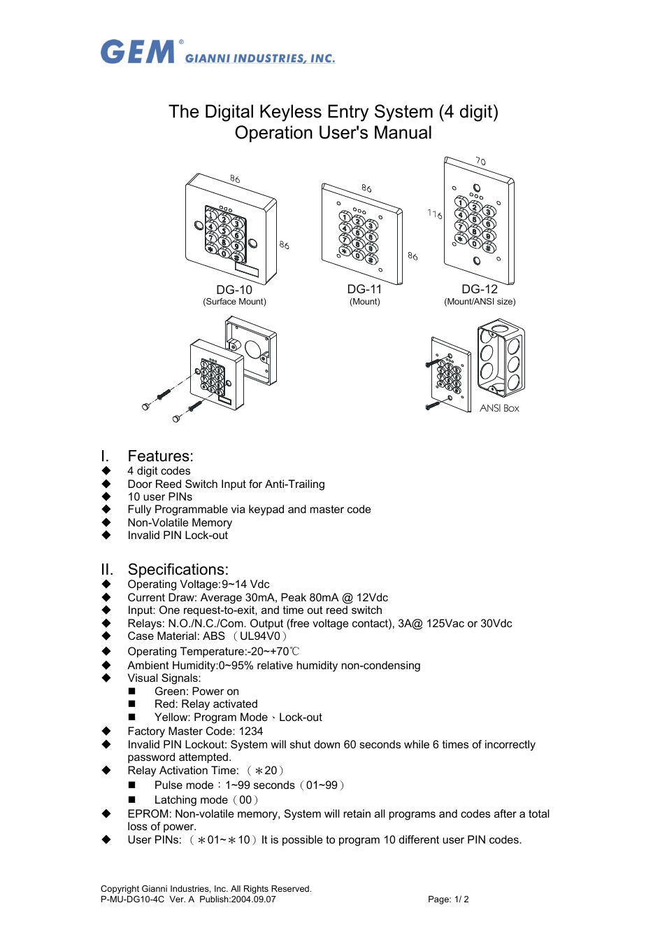 Gianni Industries DG-10 User Manual | 2 pages