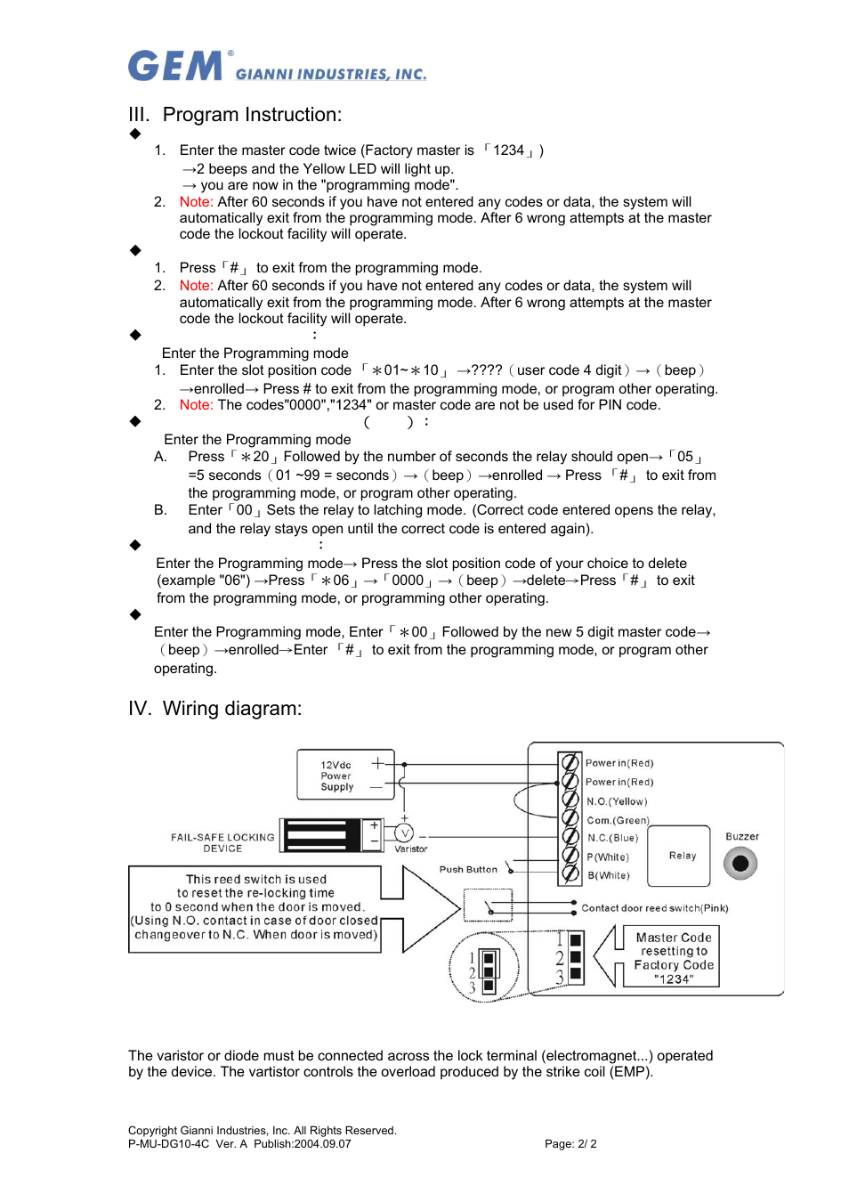 Iii. program instruction, Iv. wiring diagram | Gianni Industries DG-10 User Manual | Page 2 / 2