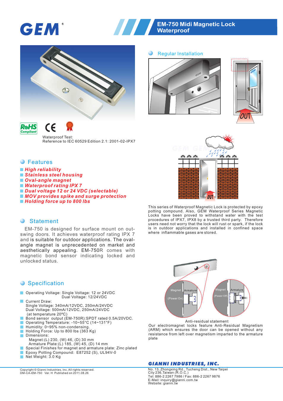 Gianni Industries EM-750 User Manual | 2 pages