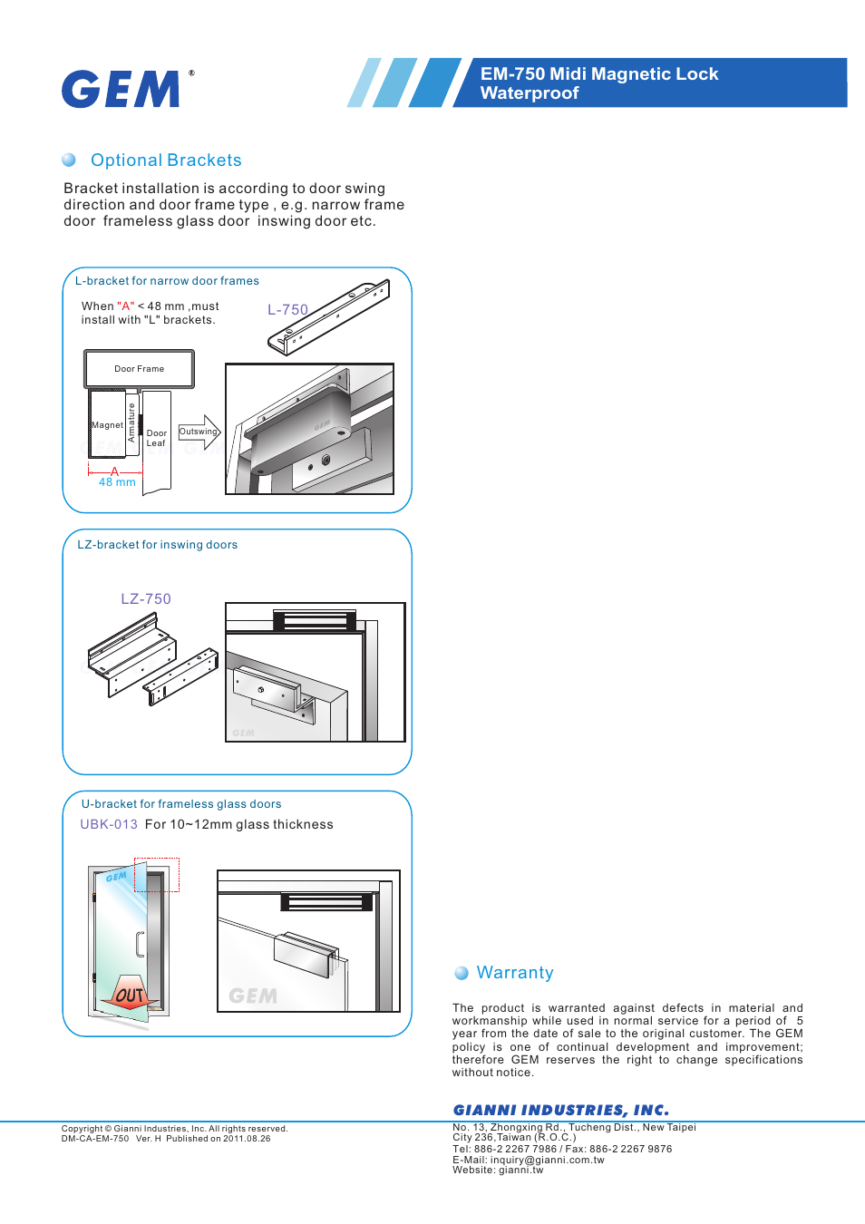 頁面 2, Optional brackets, Em-750 midi magnetic lock waterproof | Warranty, L-750, Gianni industries , inc | Gianni Industries EM-750 User Manual | Page 2 / 2