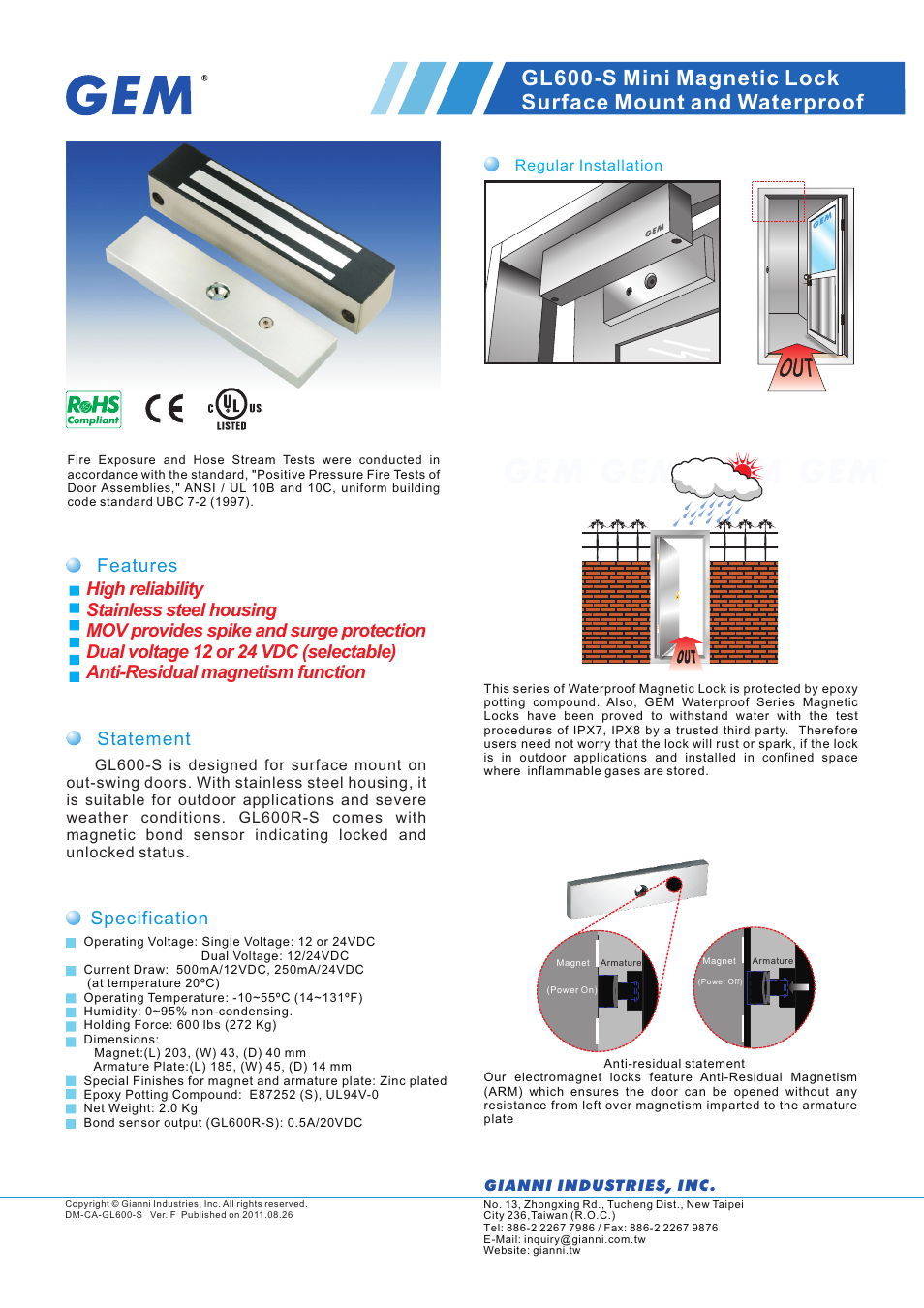 Gianni Industries GL600-S User Manual | 2 pages