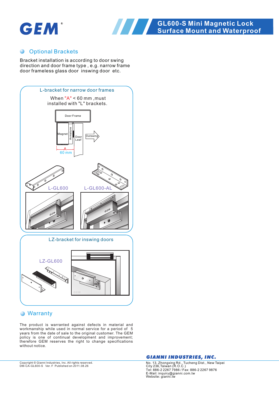 頁面 2, Optional brackets, Warranty | Gianni Industries GL600-S User Manual | Page 2 / 2