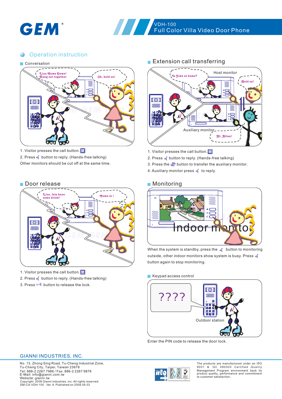 Indoor monitor, Operation instruction, Door release monitoring | Extension call transferring, Full color villa video door phone | Gianni Industries VDH-100 User Manual | Page 2 / 4