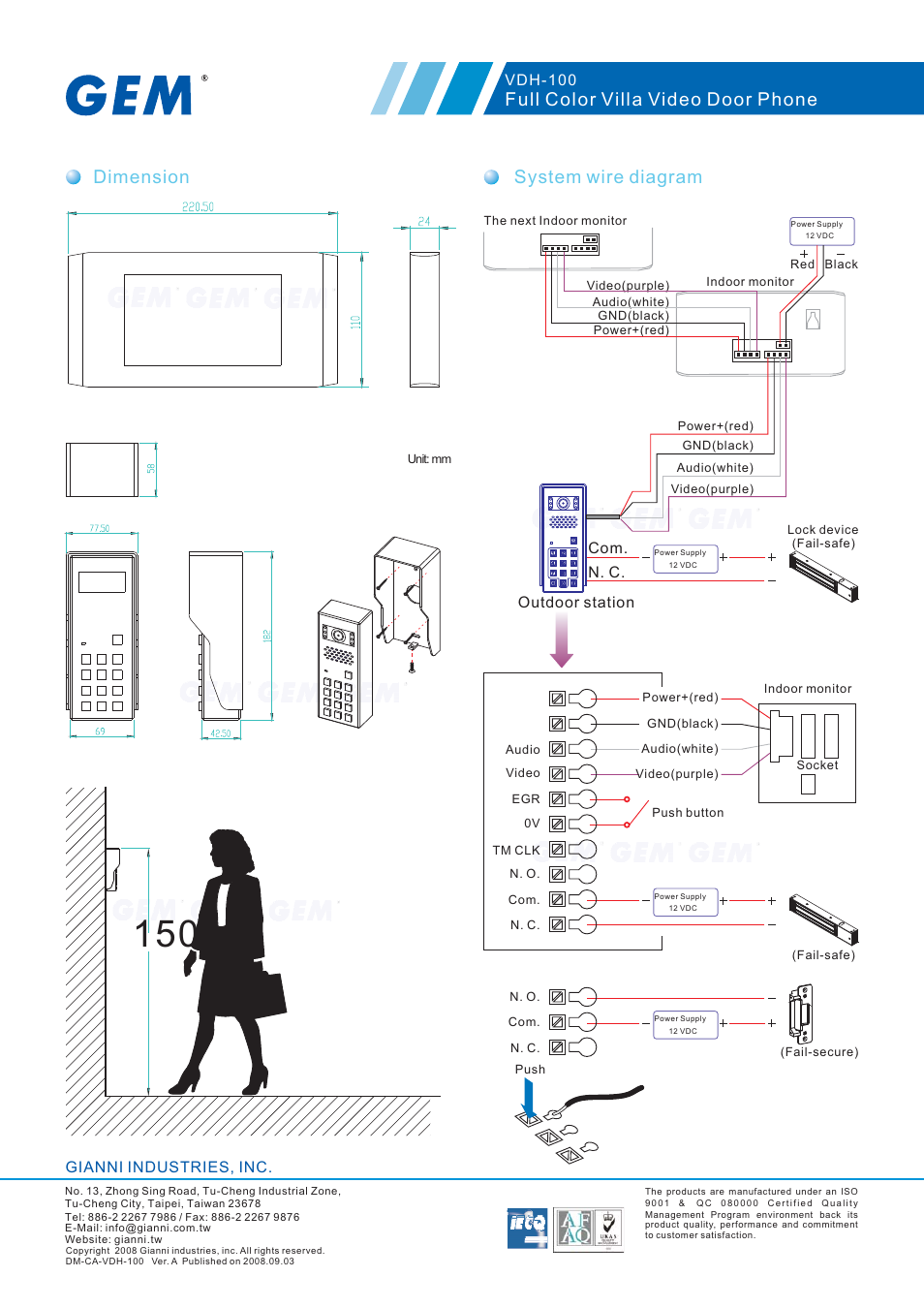 150 cm, Dimension, System wire diagram | Full color villa video door phone, Gianni industries, inc, Outdoor station, Com. n. c, Vdh-100 | Gianni Industries VDH-100 User Manual | Page 3 / 4