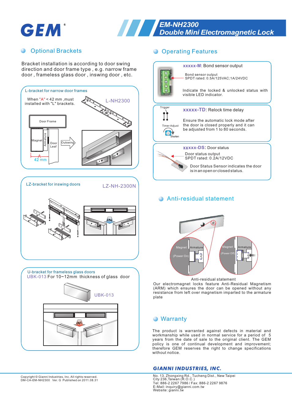 頁面 2, Em-nh2300 double mini electromagnetic lock, Optional brackets | Warranty, Operating features anti-residual statement, L-nh2300, Gianni industries, inc | Gianni Industries EM-NH2300 User Manual | Page 2 / 2