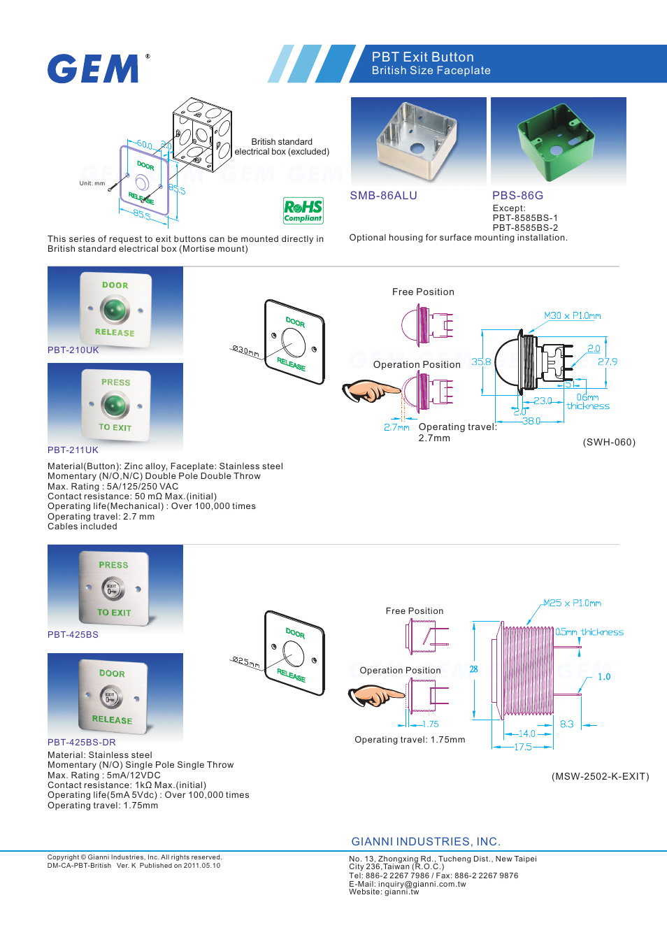 Gianni Industries PBT-425BS User Manual | 5 pages