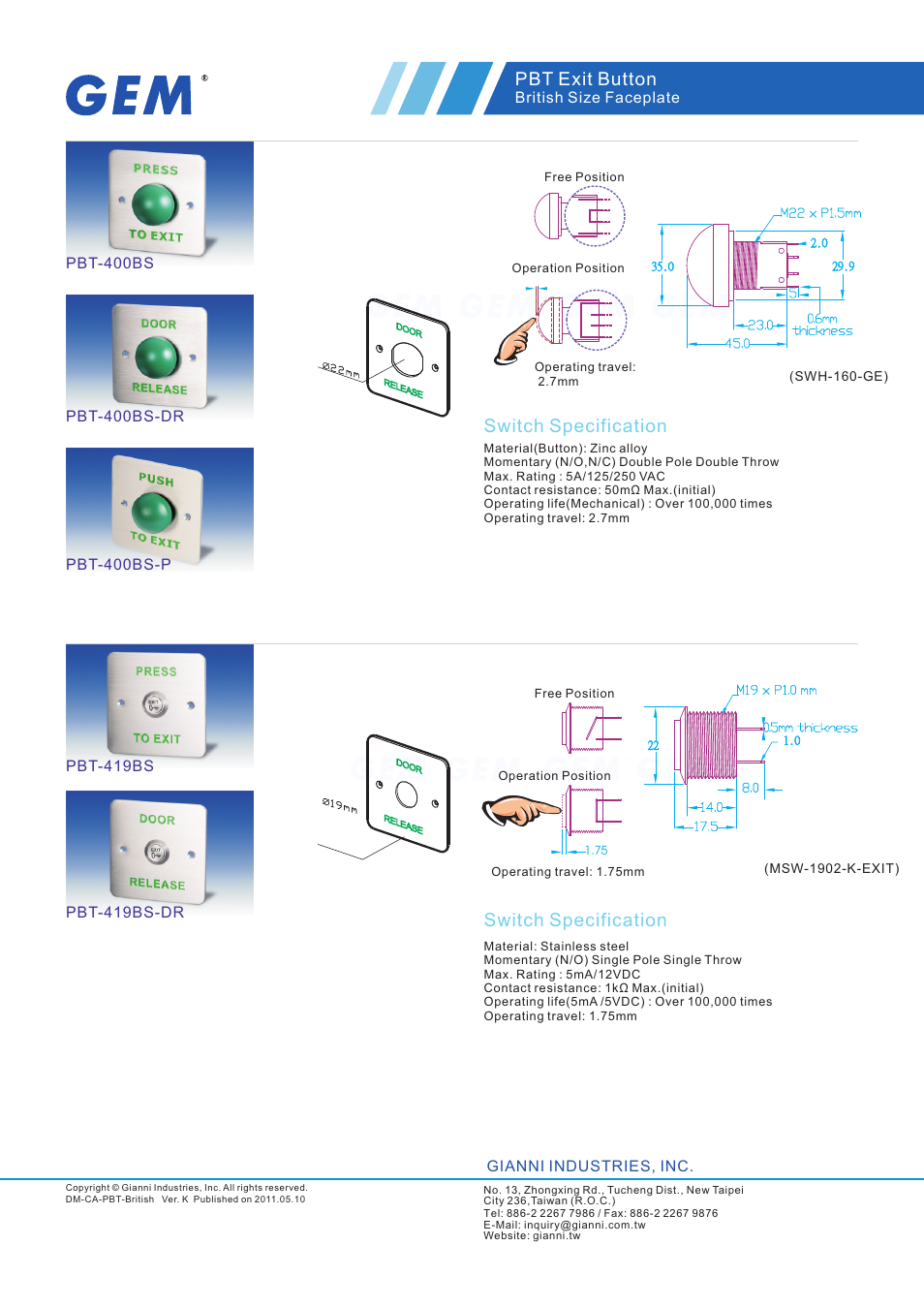 頁面 2, Switch specification, Switch specification pbt exit button | Gianni Industries PBT-425BS User Manual | Page 2 / 5