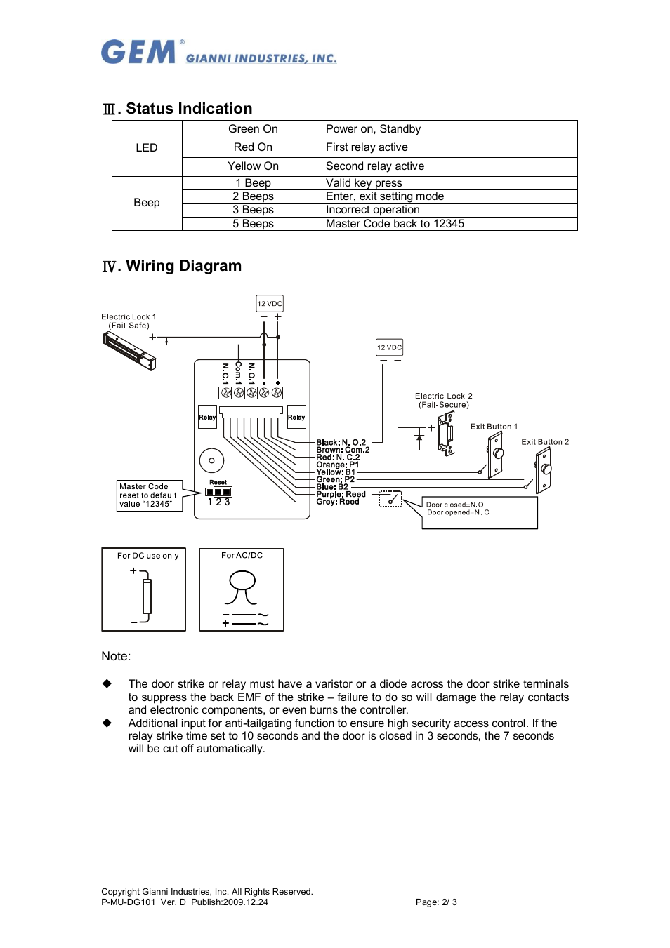 Status indication, Wiring diagram | Gianni Industries GEM DG-101 User Manual | Page 2 / 3