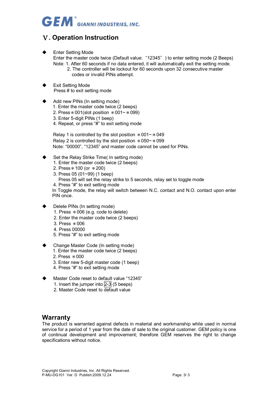 Operation instruction, Warranty | Gianni Industries GEM DG-101 User Manual | Page 3 / 3