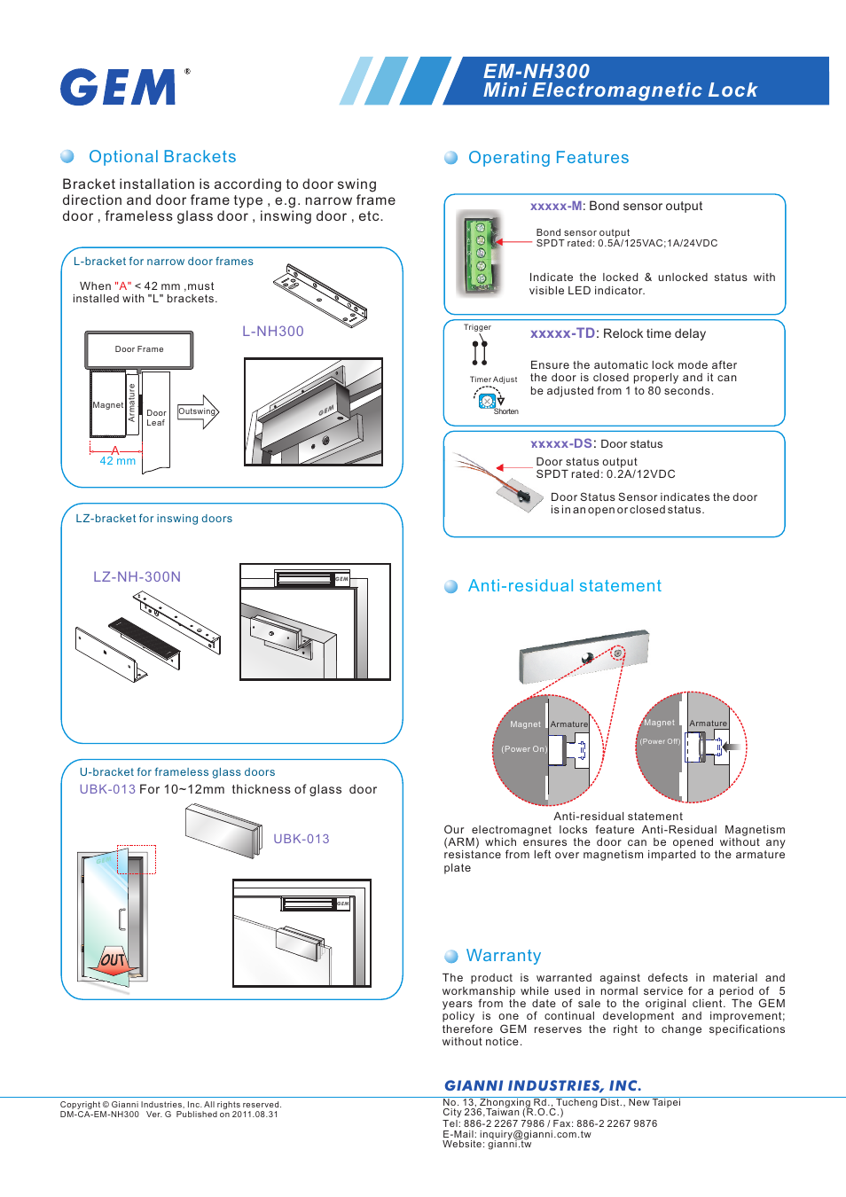 頁面 2, Em-nh300 mini electromagnetic lock, Optional brackets | Operating features, Warranty anti-residual statement, L-nh300, Gianni industries, inc | Gianni Industries EM-NH300 User Manual | Page 2 / 2