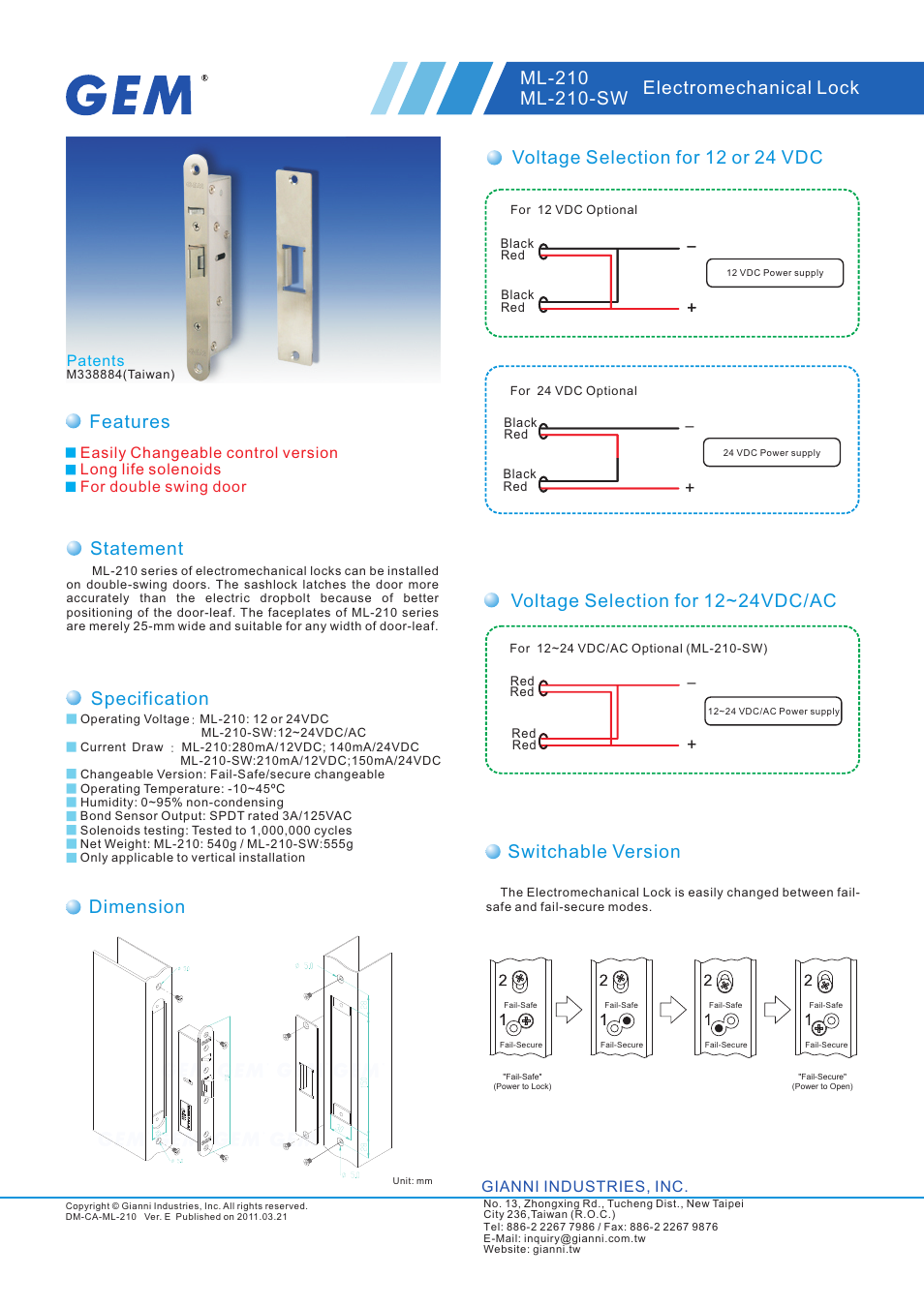 Gianni Industries ML-210 User Manual | 2 pages