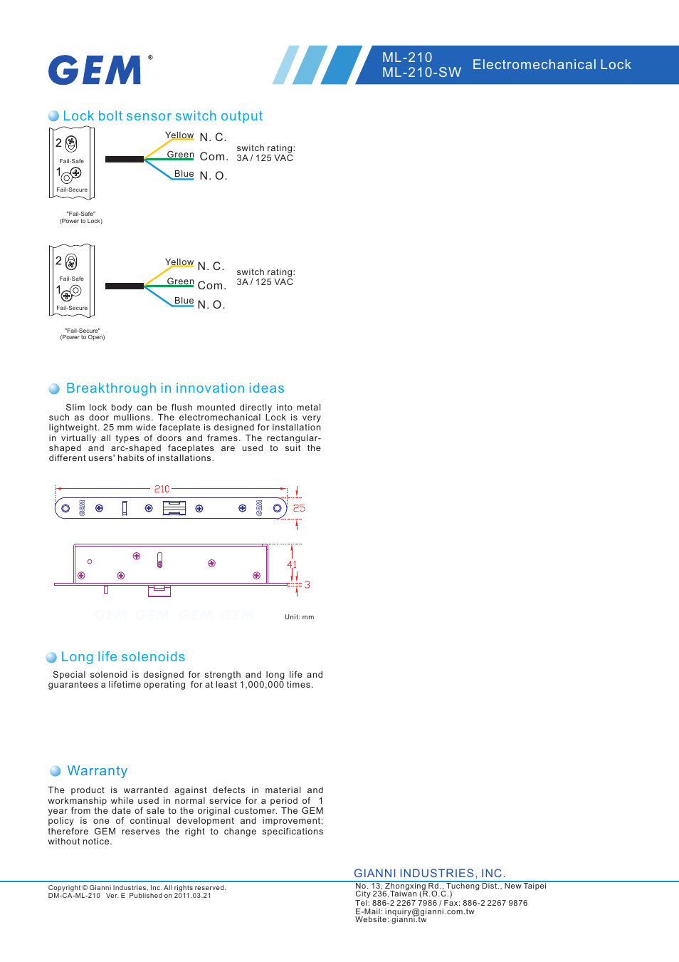 頁面 2, Warranty breakthrough in innovation ideas, Long life solenoids | Gianni Industries ML-210 User Manual | Page 2 / 2