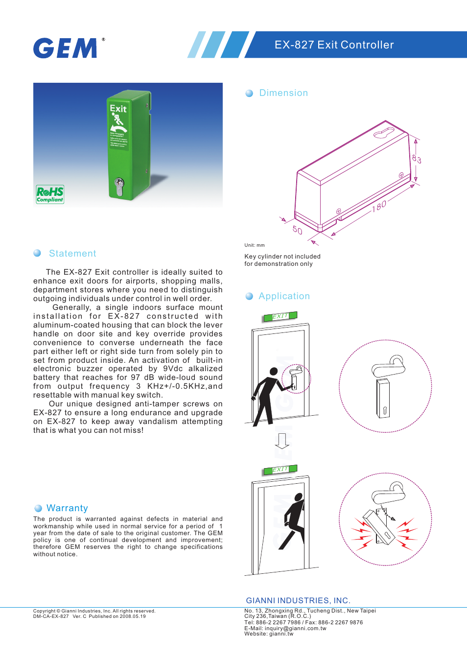 Gianni Industries EX-827 User Manual | 1 page