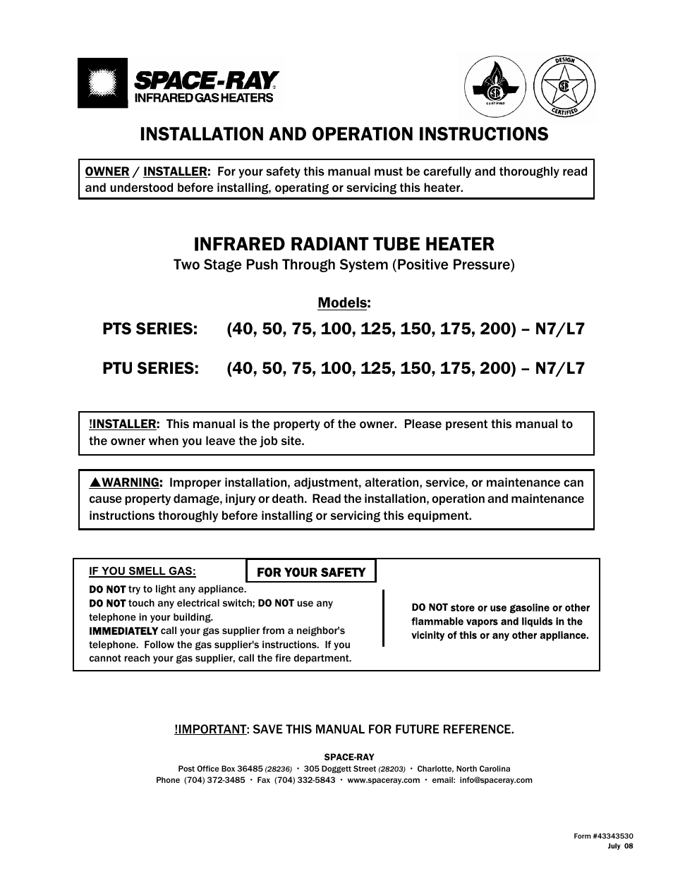 Gas-Fired Products PTS Series 100 User Manual | 53 pages