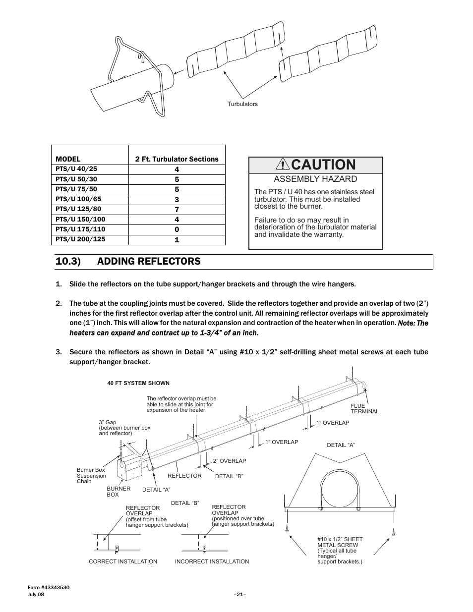 3) adding reflectors, Assembly hazard | Gas-Fired Products PTS Series 100 User Manual | Page 22 / 53