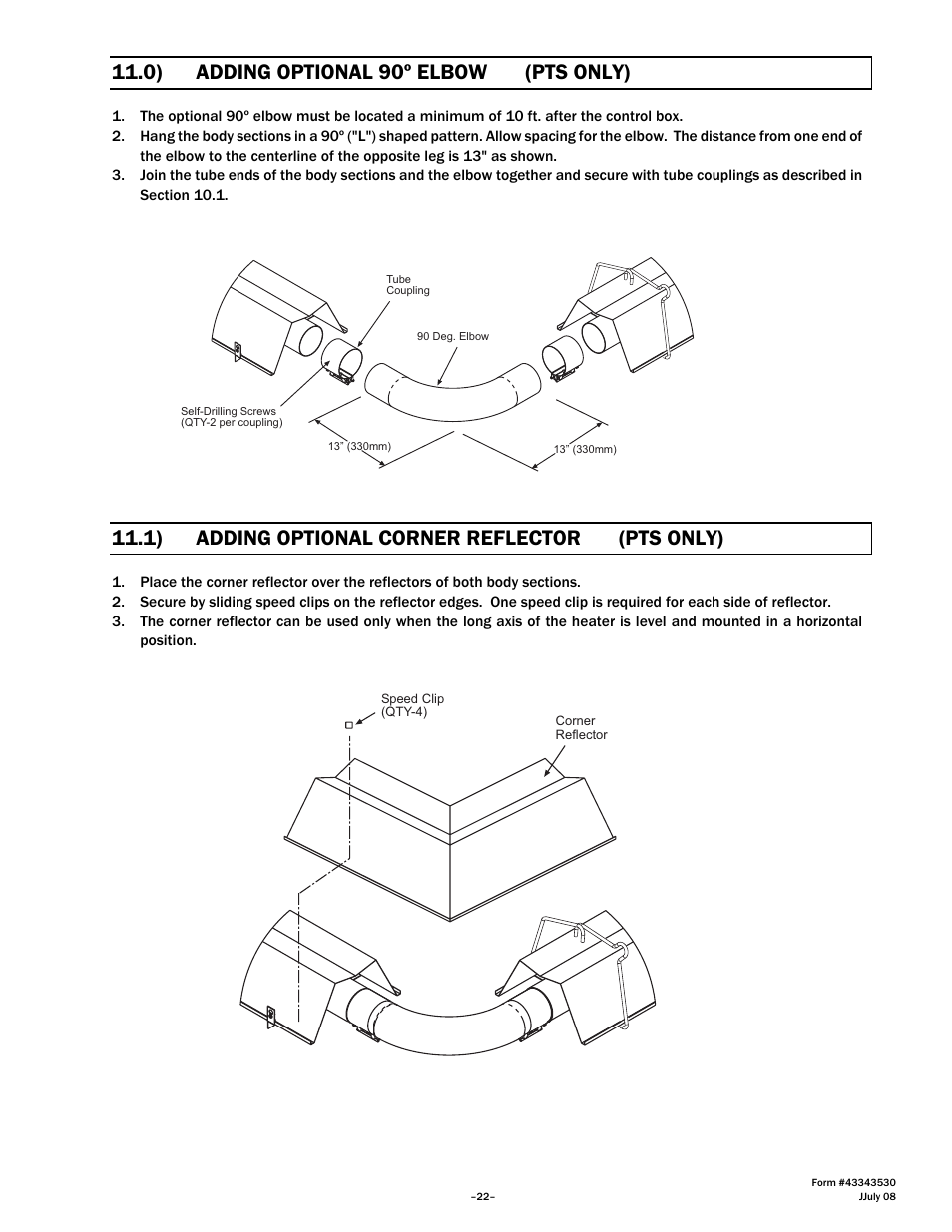 0) adding optional 90º elbow (pts only), 1) adding optional corner reflector (pts only) | Gas-Fired Products PTS Series 100 User Manual | Page 23 / 53