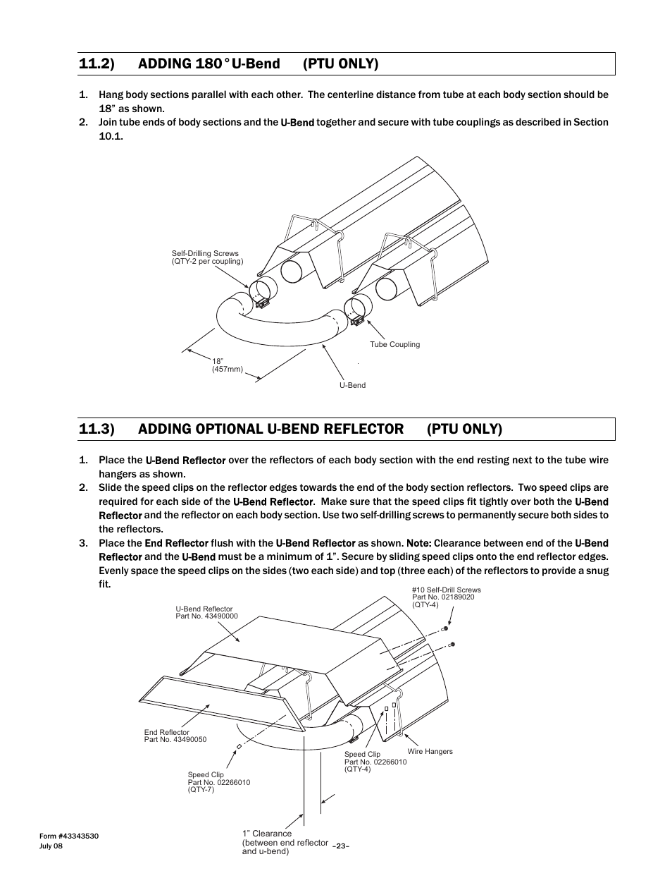 2) adding 180°u-bend (ptu only), 3) adding optional u-bend reflector (ptu only) | Gas-Fired Products PTS Series 100 User Manual | Page 24 / 53