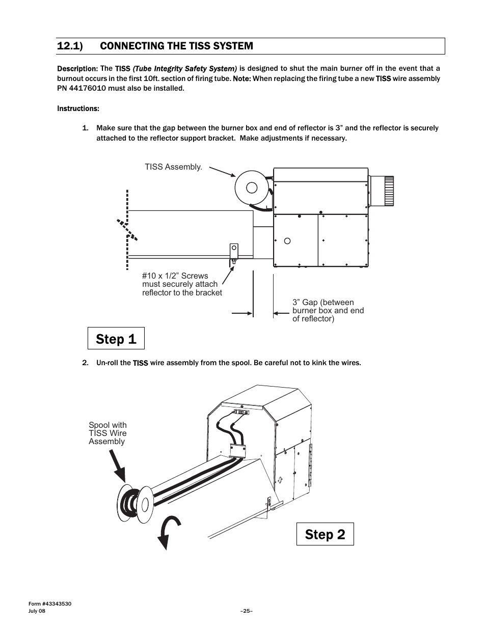 Step 1, Step 2, 1) connecting the tiss system | Gas-Fired Products PTS Series 100 User Manual | Page 26 / 53