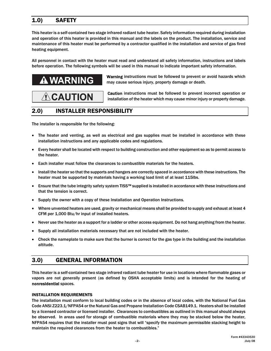 0) safety, 0) installer responsibility, 0) general information | Gas-Fired Products PTS Series 100 User Manual | Page 3 / 53