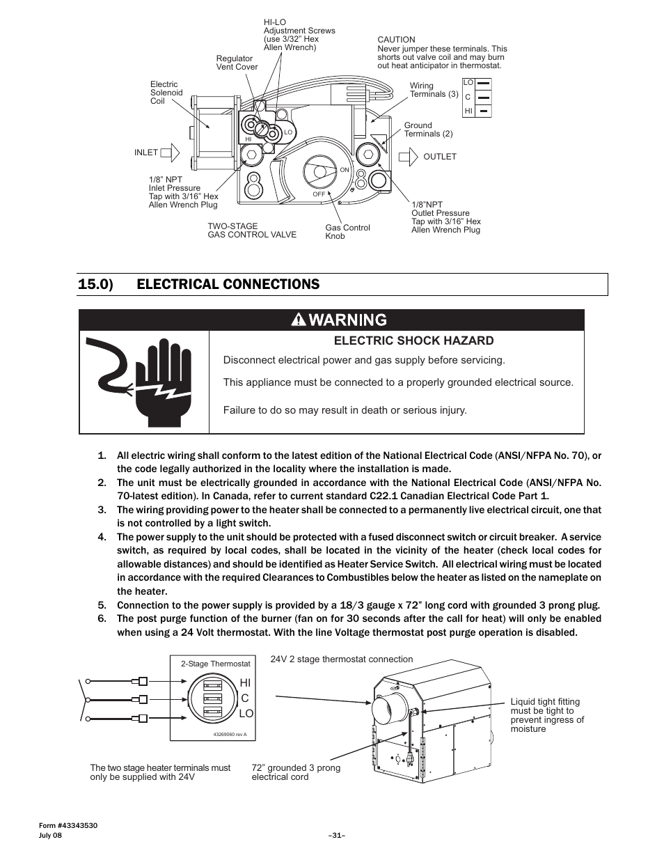 0) electrical connections, Electric shock hazard | Gas-Fired Products PTS Series 100 User Manual | Page 32 / 53