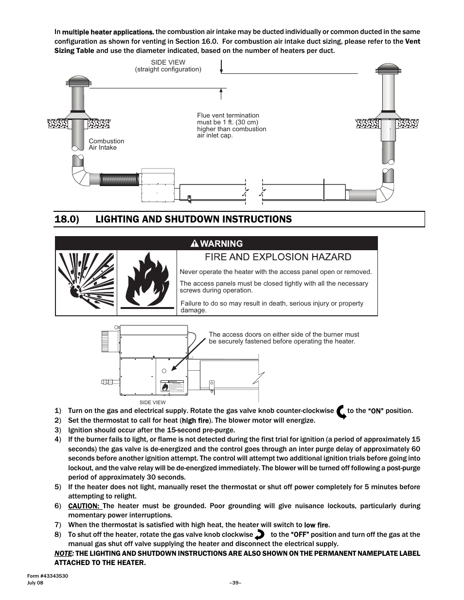0) lighting and shutdown instructions | Gas-Fired Products PTS Series 100 User Manual | Page 40 / 53