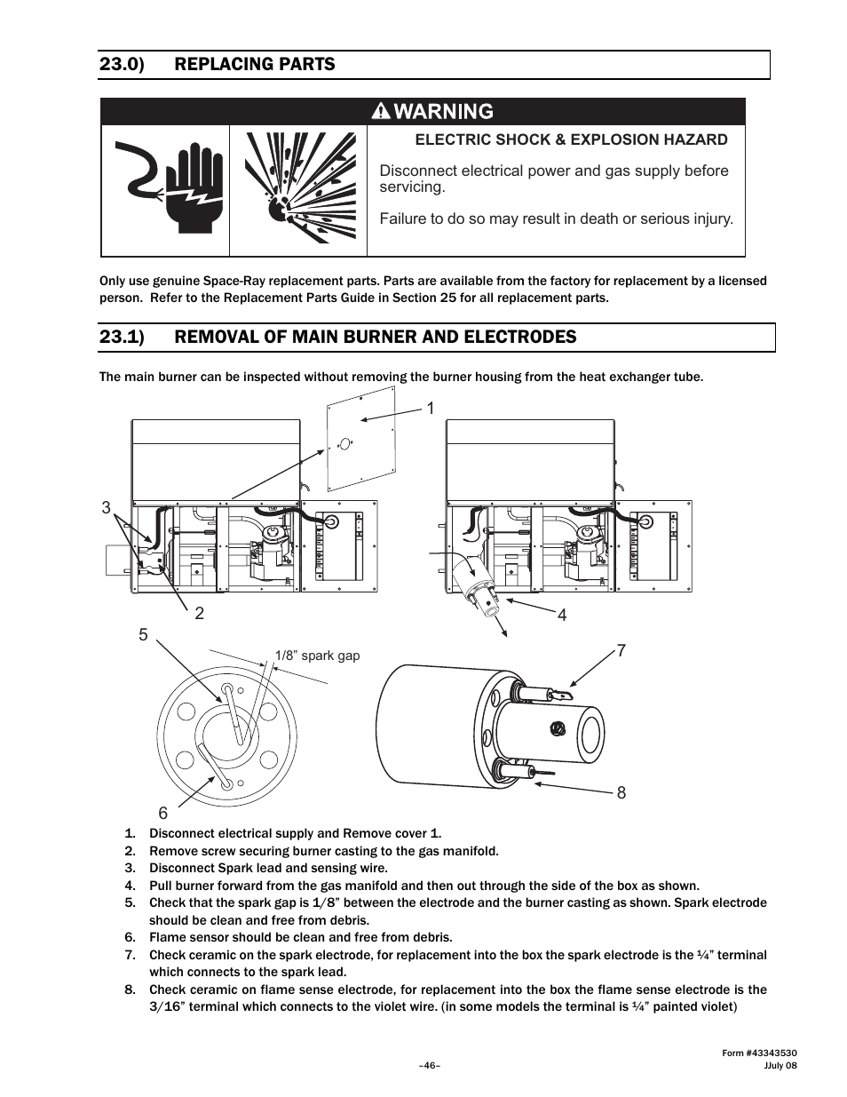 0) replacing parts, 1) removal of main burner and electrodes | Gas-Fired Products PTS Series 100 User Manual | Page 47 / 53