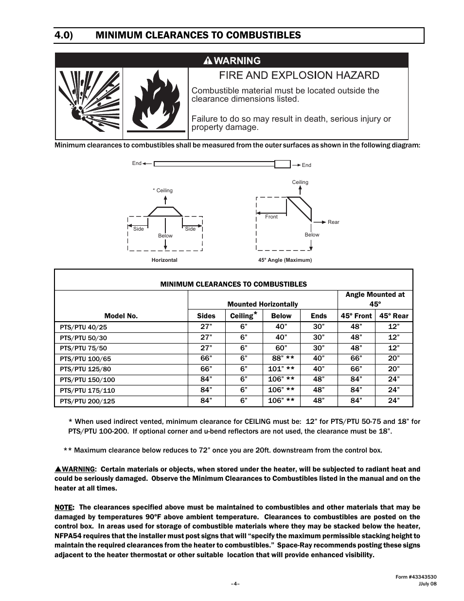 0) minimum clearances to combustibles | Gas-Fired Products PTS Series 100 User Manual | Page 5 / 53