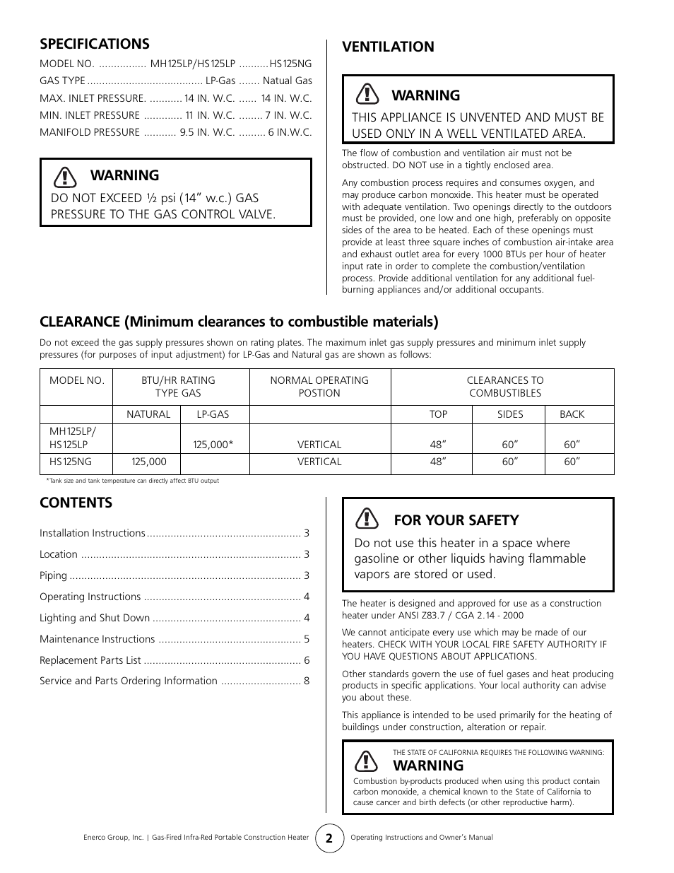 Gas-Fired Products HS125LP User Manual | Page 2 / 8