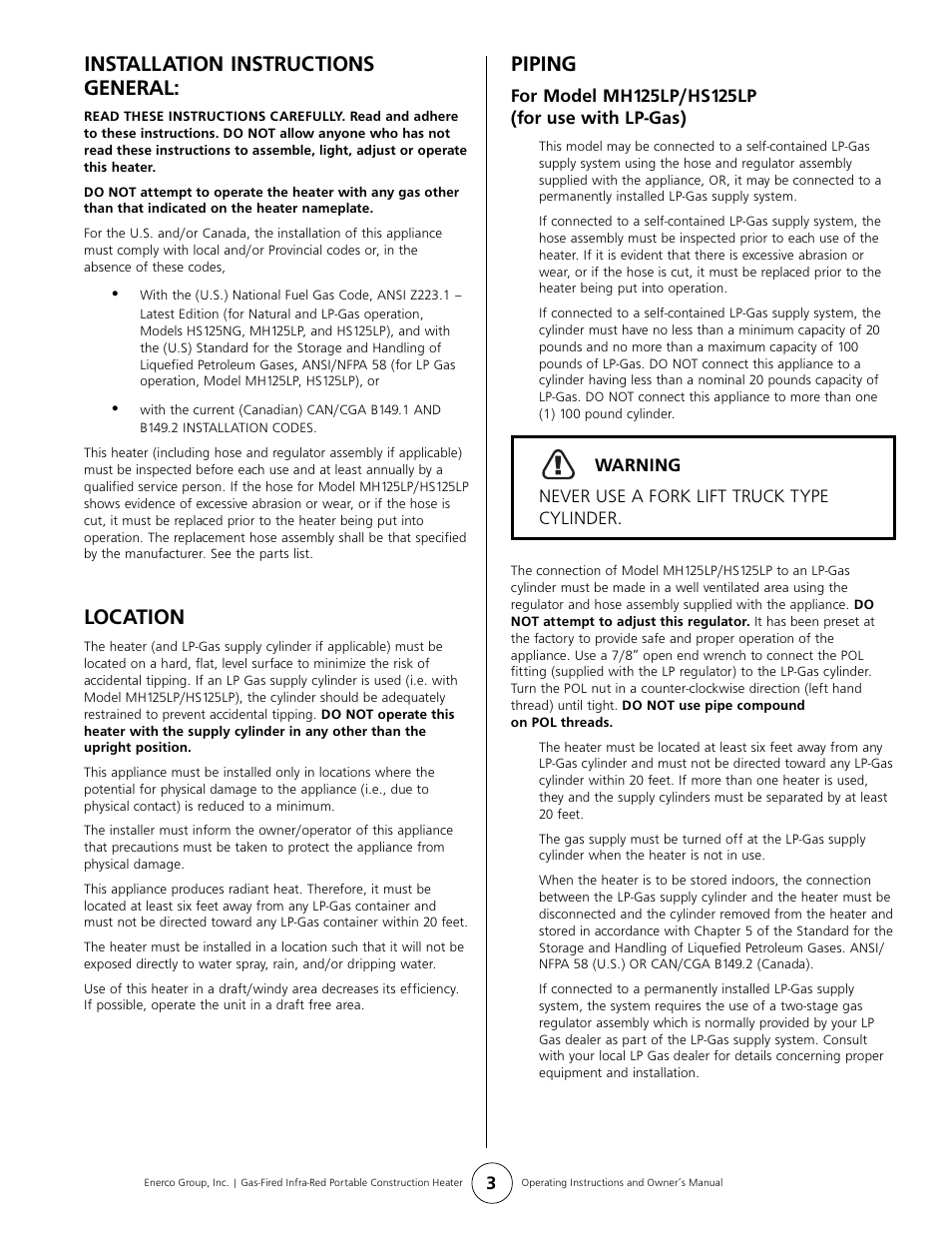 Installation instructions general, Location, Piping | Gas-Fired Products HS125LP User Manual | Page 3 / 8