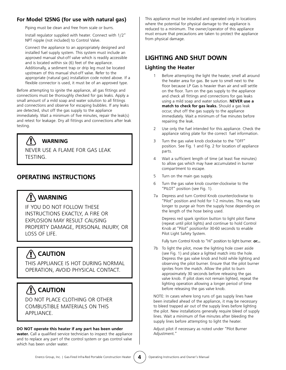 Operating instructions warning, Caution, Lighting and shut down | Gas-Fired Products HS125LP User Manual | Page 4 / 8