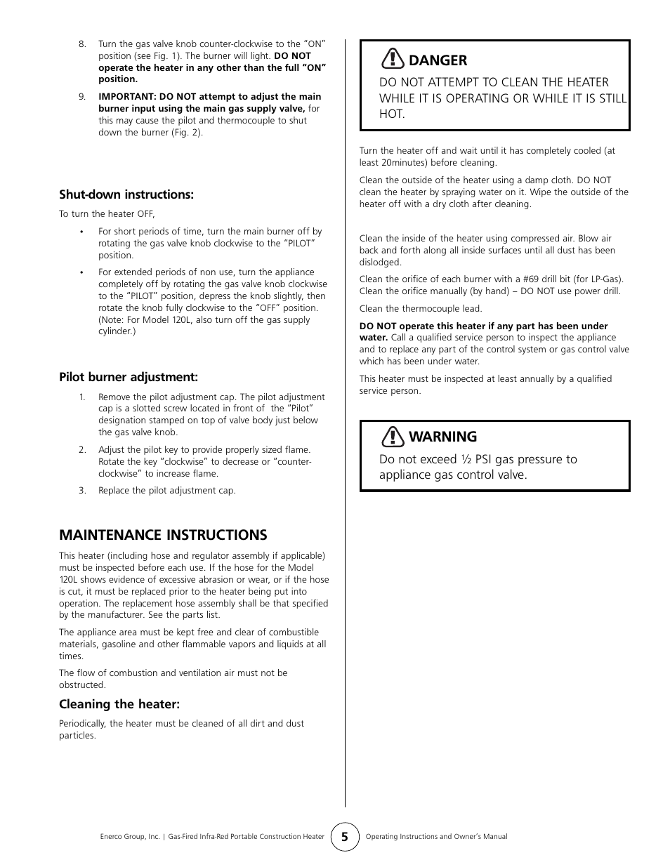 Maintenance instructions, Danger, Warning | Gas-Fired Products HS125LP User Manual | Page 5 / 8