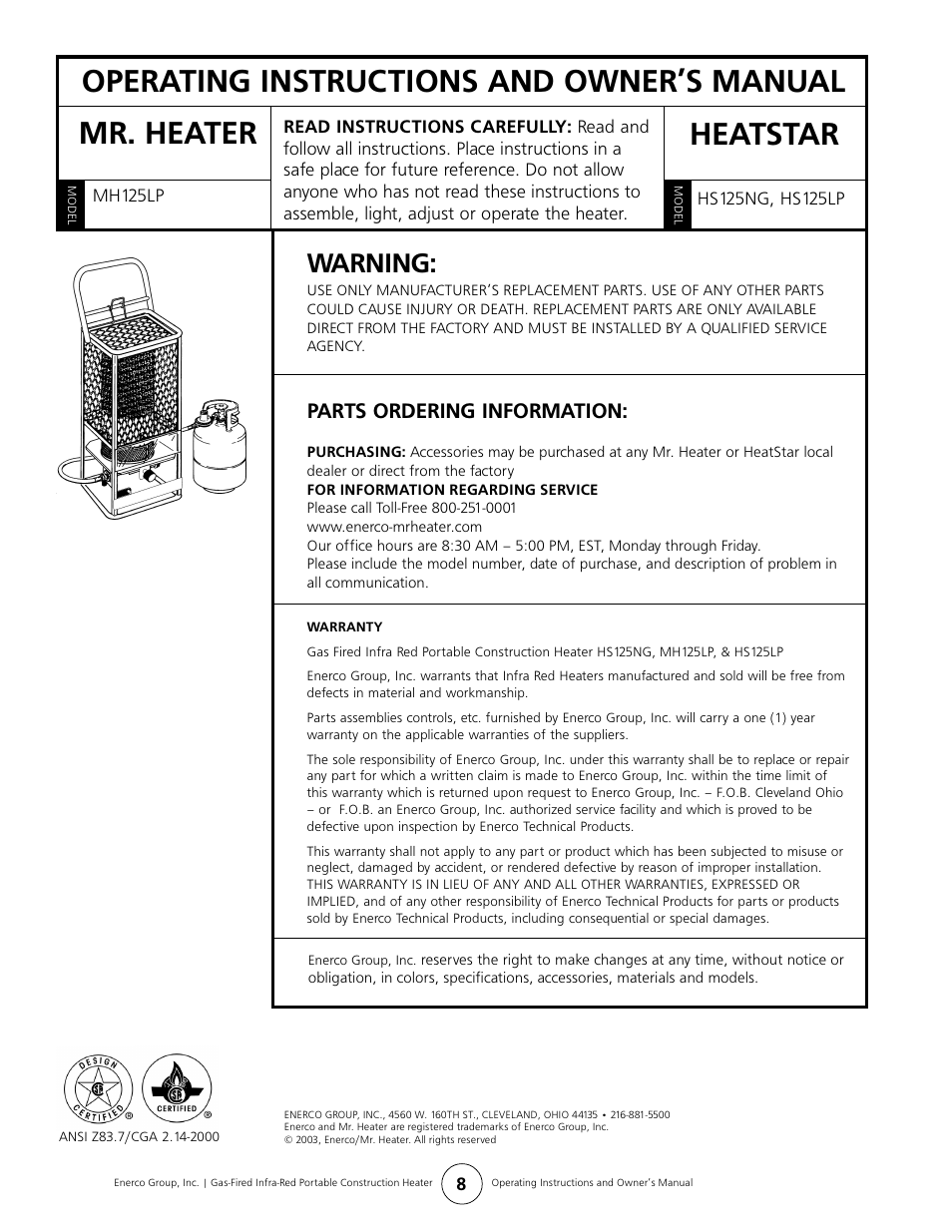 Operating instructions and owner’s manual, Mr. heater heatstar, Warning | Parts ordering information | Gas-Fired Products HS125LP User Manual | Page 8 / 8