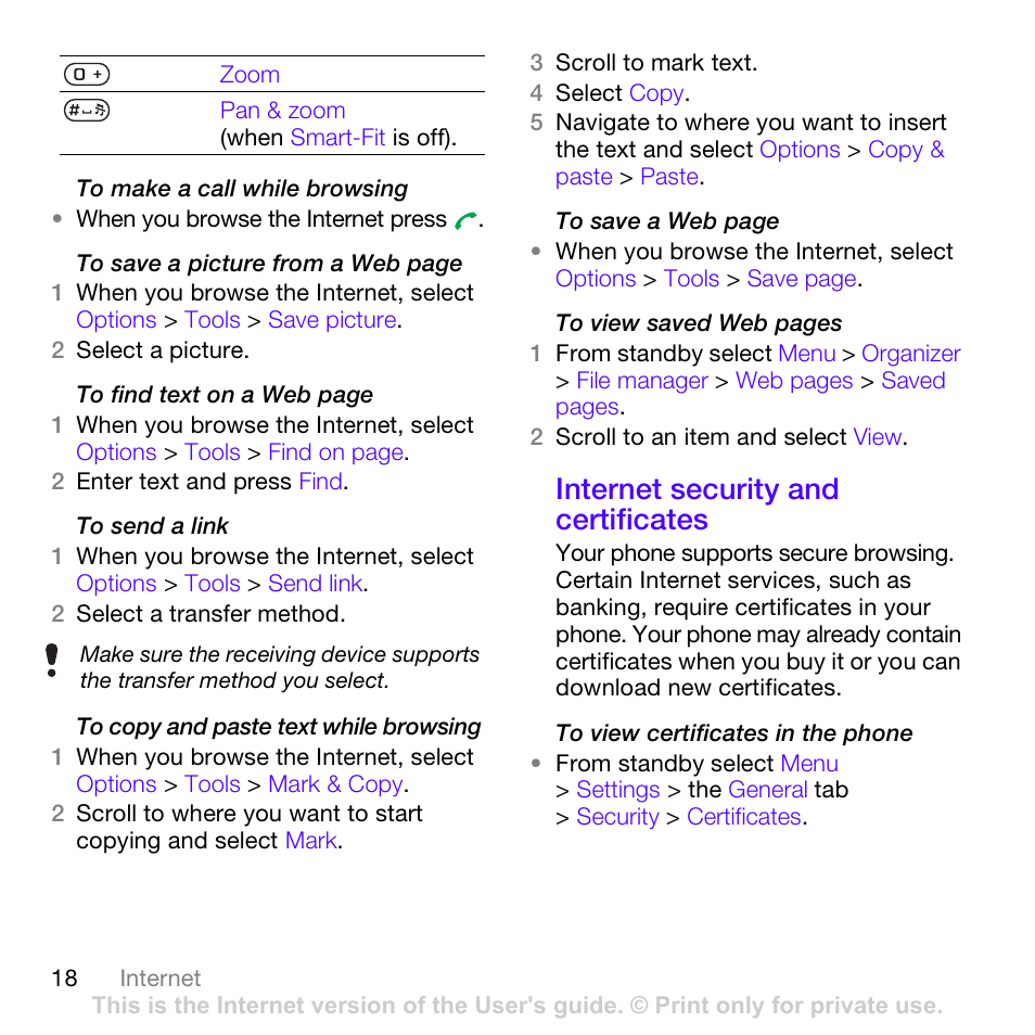 Internet security and certificates | Sony Ericsson Z780 User Manual | Page 18 / 85