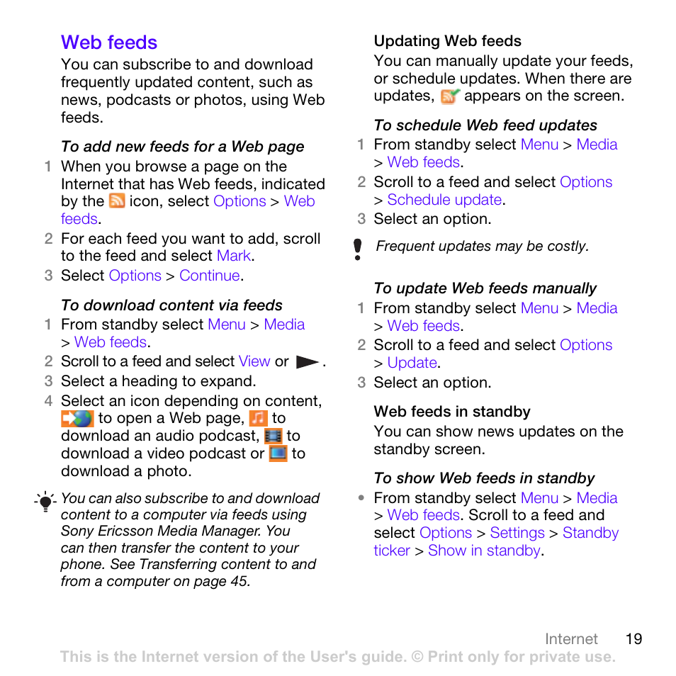 Web feeds | Sony Ericsson Z780 User Manual | Page 19 / 85