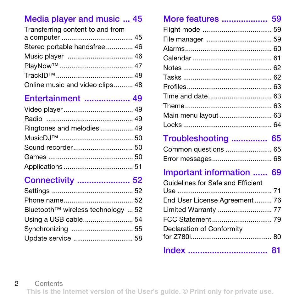 Sony Ericsson Z780 User Manual | Page 2 / 85