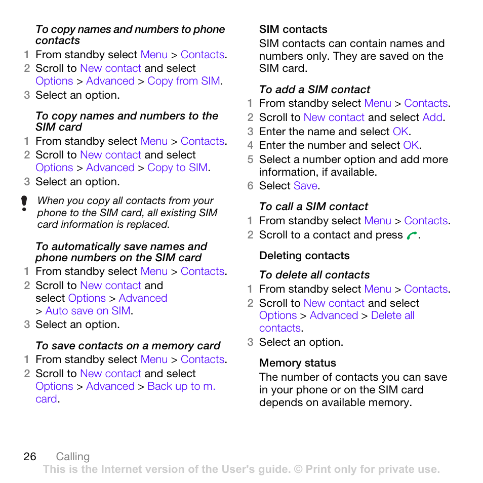 To copy names and numbers to the sim card, Ge 26 | Sony Ericsson Z780 User Manual | Page 26 / 85