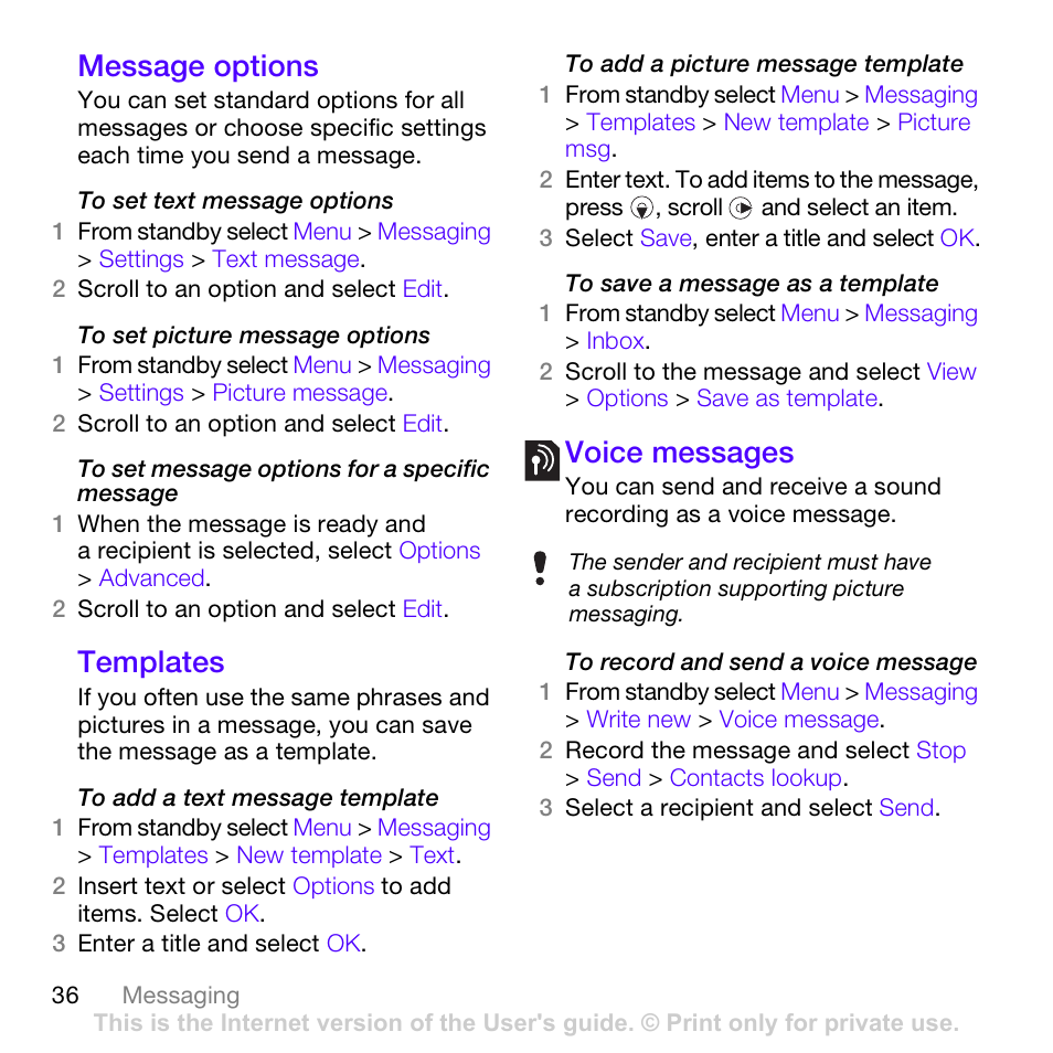 Message options, Templates, Voice messages | Message options templates voice messages | Sony Ericsson Z780 User Manual | Page 36 / 85