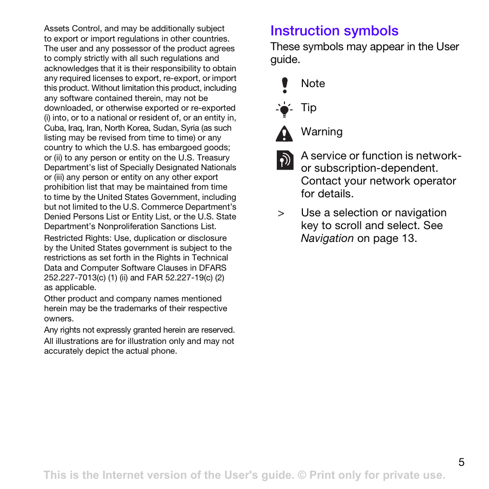 Instruction symbols | Sony Ericsson Z780 User Manual | Page 5 / 85