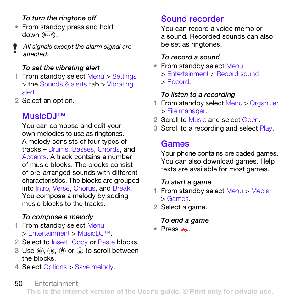 Musicdj, Sound recorder, Games | Musicdj™ sound recorder games | Sony Ericsson Z780 User Manual | Page 50 / 85