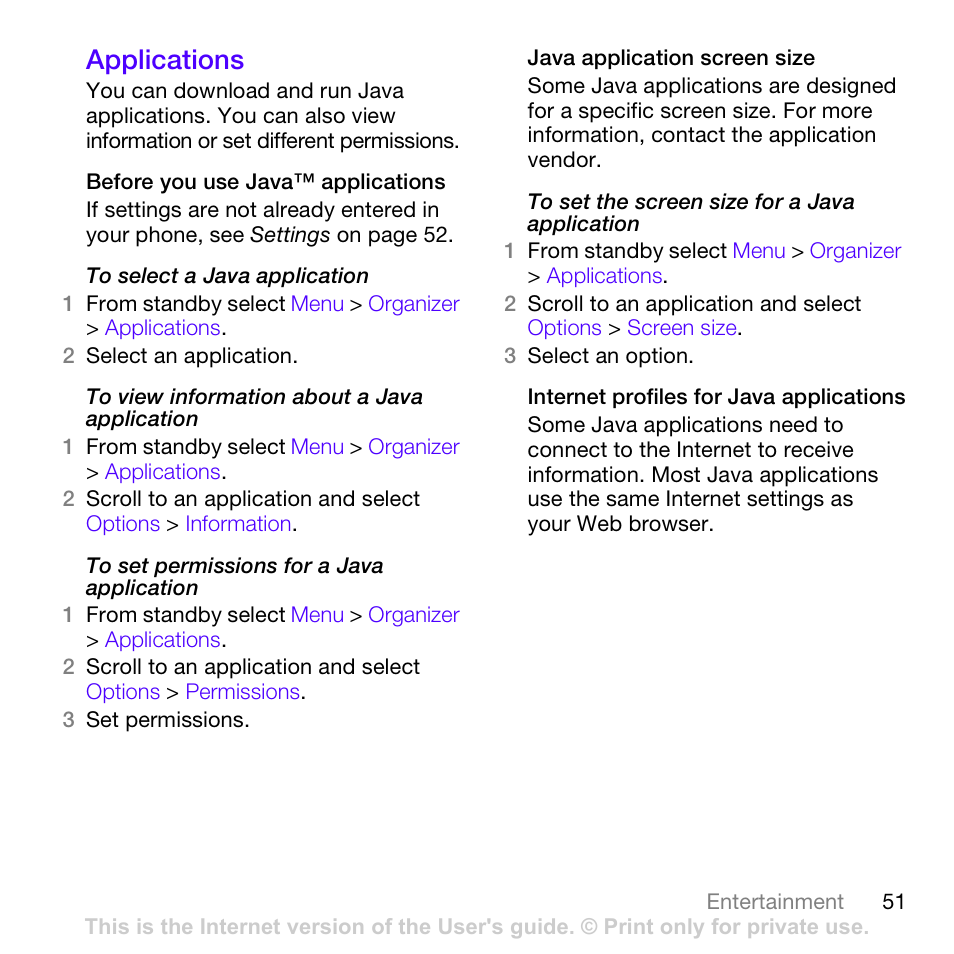 Applications | Sony Ericsson Z780 User Manual | Page 51 / 85