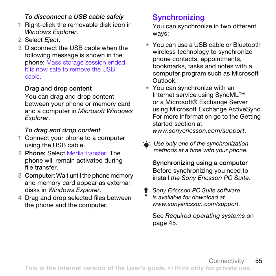 Synchronizing | Sony Ericsson Z780 User Manual | Page 55 / 85