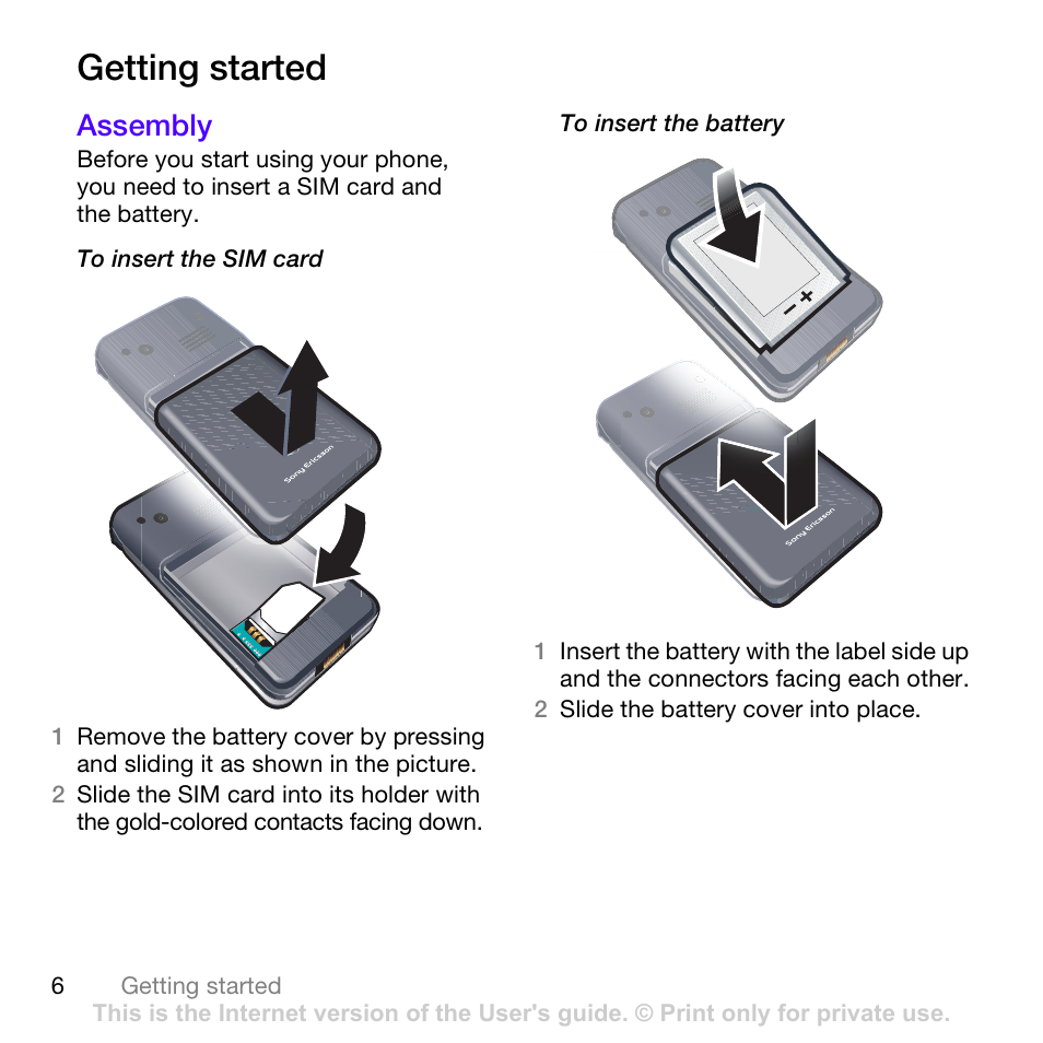 Getting started, Assembly | Sony Ericsson Z780 User Manual | Page 6 / 85
