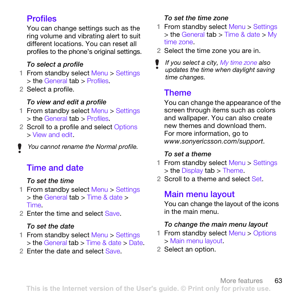 Profiles, Time and date, Theme | Main menu layout, Profiles time and date theme main menu layout, E to change the main menu, Layout o | Sony Ericsson Z780 User Manual | Page 63 / 85