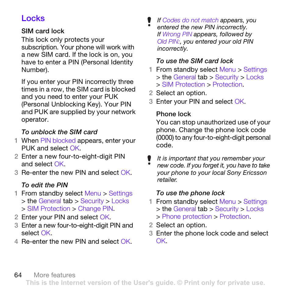 Locks, E sim card lock | Sony Ericsson Z780 User Manual | Page 64 / 85