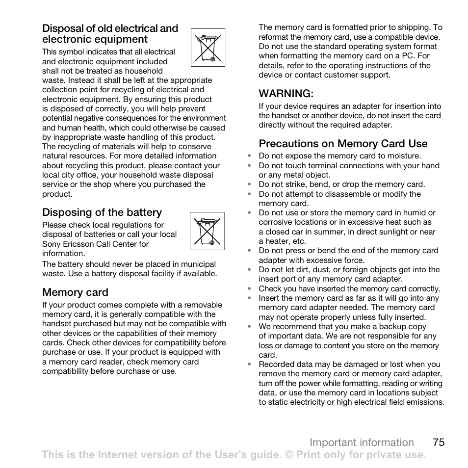 Disposing of the battery, Warning | Sony Ericsson Z780 User Manual | Page 75 / 85