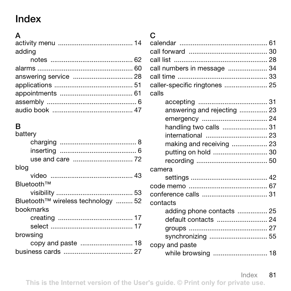 Index | Sony Ericsson Z780 User Manual | Page 81 / 85