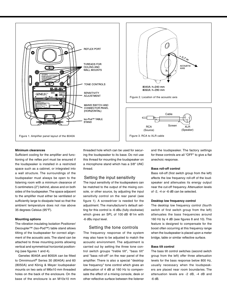 Setting the input sensitivity, Setting the tone controls | Genelec 8050A User Manual | Page 3 / 6