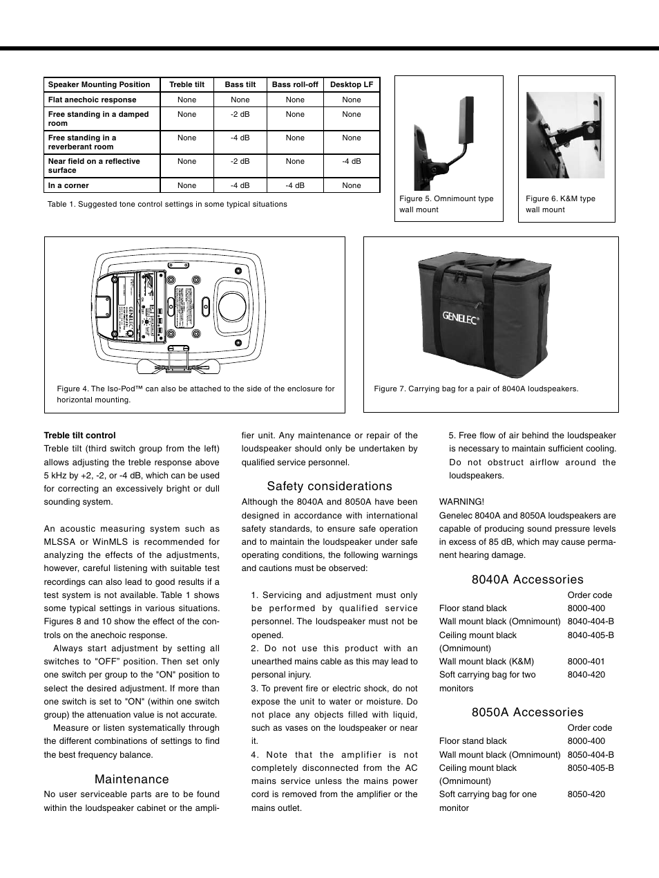 Maintenance, Safety considerations, 8040a accessories | 8050a accessories | Genelec 8050A User Manual | Page 4 / 6