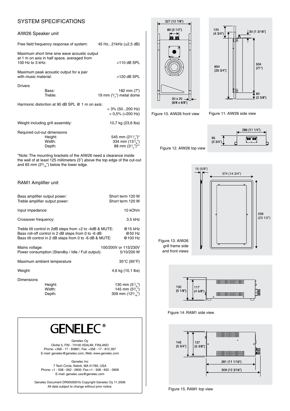 System specifications, Aiw26 speaker unit, Ram1 amplifier unit | Genelec AIW26 User Manual | Page 6 / 6